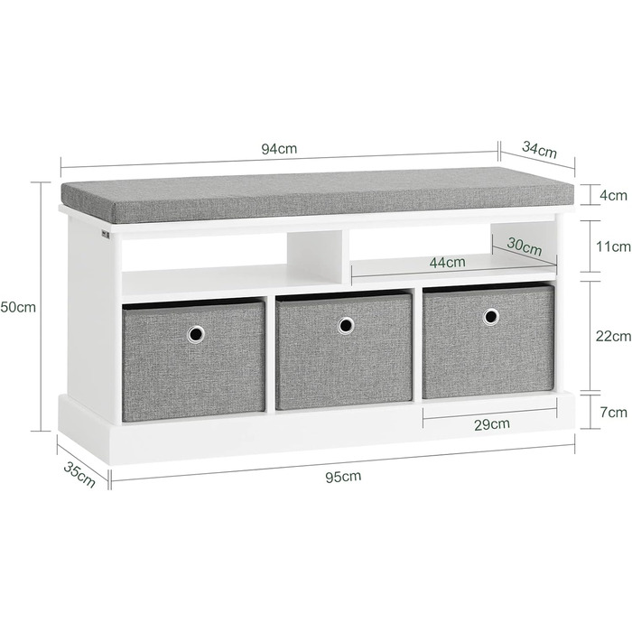 Купити FSR65-K-DG Лавка з місцем для зберігання, 2 сірі кошики, BHT приблизно 68x45x32см (3 кошики, білі)