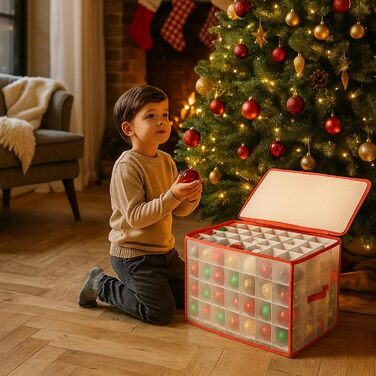 Коробка для зберігання 32 ялинкових прикрас Com-Four® - Сортувальник для ялинкових кульок та новорічного декору - Прозора/Червона