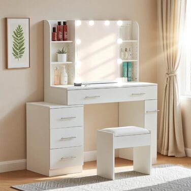 Дзеркальний туалетний столик Thanaddo з підсвічуванням та пуфом, 100×40×136 см. 6 шухляд, відкриті полиці, сучасний дизайн для спальні (білий)