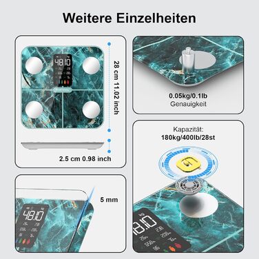 Ваги для ванної кімнати з шкалою жиру в організмі з додатком, 15 даних про тіло, переможець цифрового тесту, великий дисплей (мармурово-зелений)