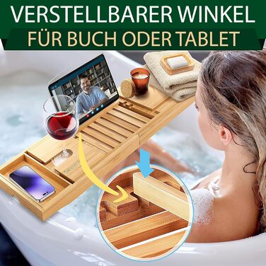 Поличка для ванни SereneLife з бамбука – висувна з подарунковою коробкою, антиковзаюча, для книг, вина, снеків та догляду за собою