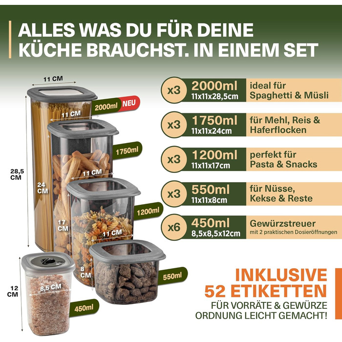 Набір контейнерів для зберігання їжі 18 шт. – з контейнером для спагеті 2,0л, 6 баночок для спецій з дозатором, кришками, що щільно закриваються, BPA-free, з 52 етикетками (12 шт.) + 6 дозаторів для спецій