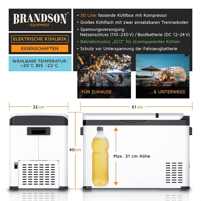 Автохолодильник Brandson ECO Kompressor XXL 30л електричний 12/24V – охолодження до -22°C для авто, кемпінгу, вантажівок, човнів (білий)