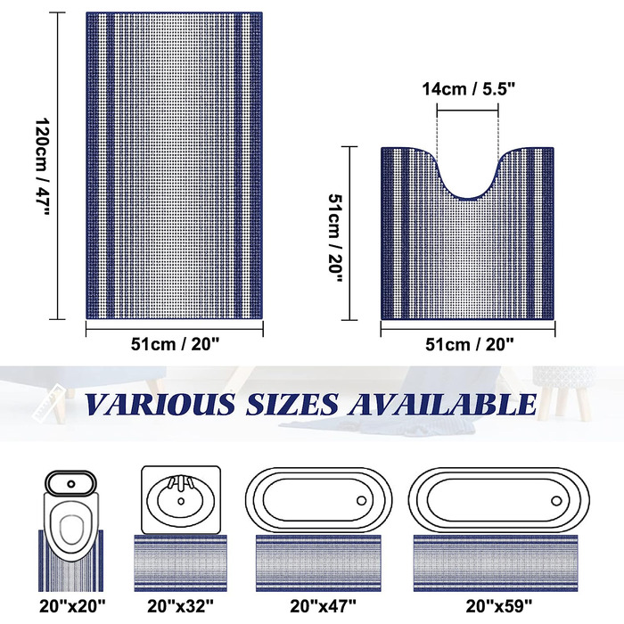 Набір килимків для ванної McEu з 3 предметів, нековзні миються Килимки для ванної 120x51 см66x44 см і U-подібний контурний килимок для унітазу 551 см, абсорбуючі Килимки для ванної з мікрофібри з синелі для ванної кімнати, (120x51 см551 см, синій)