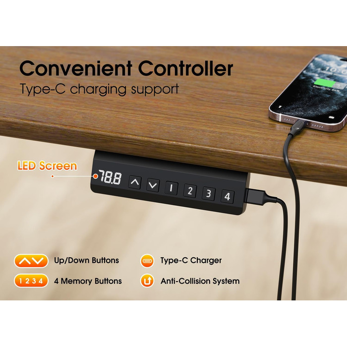 Електричний стіл з регулюванням висоти, металевий каркас з USB-C, пам'ять, антиколізійна система, 2 мотори, білий