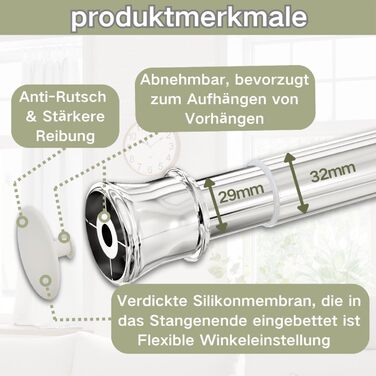 Телескопічна штора-карниз без свердління 85-265 см (Ø 32 мм), розсувна штанга для ванної кімнати, гардероба та DIY-проєктів, срібляста