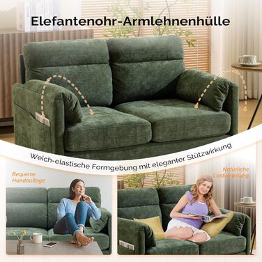 Диван Bonnlo 2-місний, компактний, 125 см, тканинний диван з м'якими підлокітниками, для офісу, вітальні, спальні, кабінету, легка збірка, льон, зелений