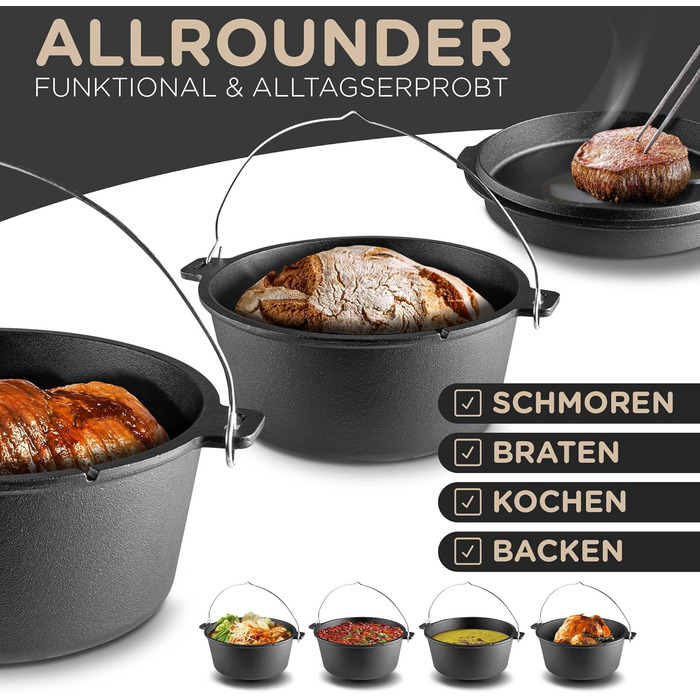 Чавунний казан JAXX Roadhouse Original Dutch Oven (9л) з кришкою, піднімачем та сумкою для перенесення, для відкритого вогню та плити