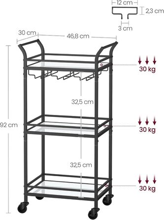 Візок для сервірування VASAGLE, 3 яруси, з коліщатками та полицями з дзеркального скла, чорний LRC091B62