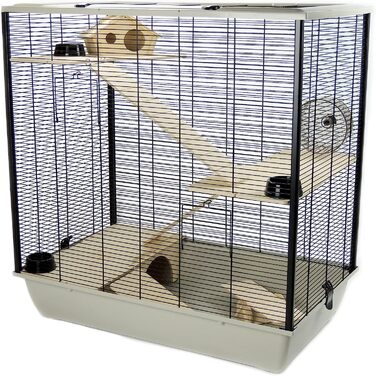 Клітка для щурів і хом'яків для маленьких друзів Гросвенор з дерев'яною підставкою і сходами (сріблясто-чорна, потрійна)