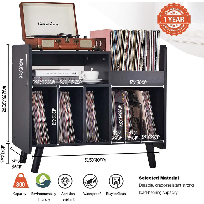 Стіл для програвача, стійка для програвача середини століття з місцем для зберігання вінілу (до 350+ платівок), шафа для вінілових платівок з регульованими полицями (Чорний)