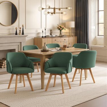 Обідні стільці Bekrvio набір 2 шт. з поворотним механізмом та підлокітниками – 360° поворотний стілець для обідньої кімнати, стілець до обіднього столу, поворотний стілець з тканини льон, стілець для обідньої кімнати з масивними ніжками з бука, м'які обідні стільці, жовтий (6 шт., льон зелений)