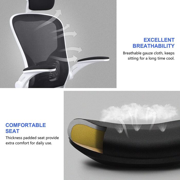 Ергономічне крісло для офісу та дому: комп'ютерне крісло з регульованою підголівником та поперековою підтримкою, до 150 кг, білий колір, Basic