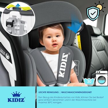 Автокрісло KIDIZ® i-Size ECE R129 для дітей 0-12 років (0-36 кг), 360° обертання, Isofix, Top Tether, 5-точкові ремені, з сонцезахистом, чорне