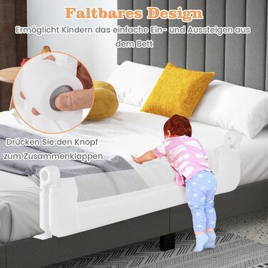 Бортик для ліжка COSTWAY складаний, захисний бар'єр для ліжка з регульованими ременями, швидке складання в один клік, захист від випадання для батьківських та дитячих ліжок (Сірий, 120x42 см)