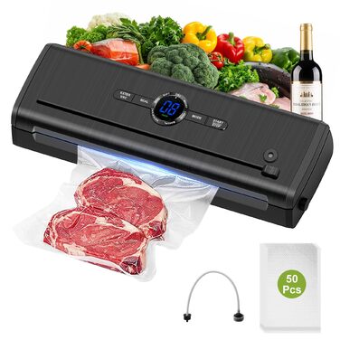 Вакууматор для продуктів 7 в 1, професійний вакуумний пакувальник з подвійним швом, цифровим таймером та різаком, комплект з 50 пакетами (Чорний)