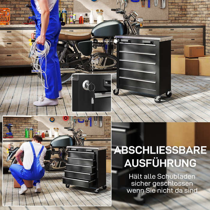 Шафа для інструментів з 5 висувними ящиками, колісна інструментарна скринька, інструментальний візок зі сталі, сріблясто-чорний