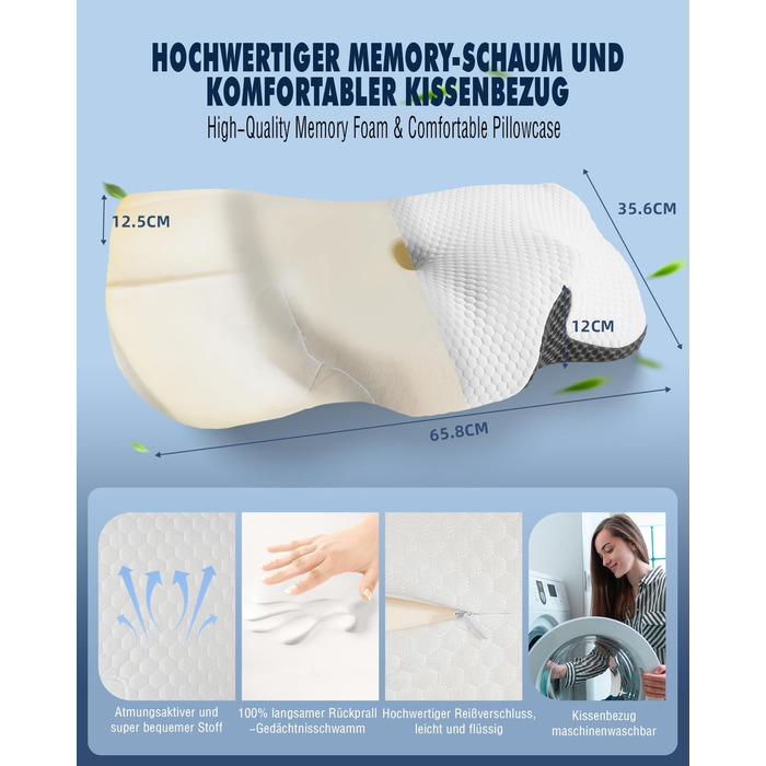 Ортопедична подушка для шиї IDEA з Memory Foam, для сну на боці, спині та животі, ергономічна, 62x34.5x12/8 см