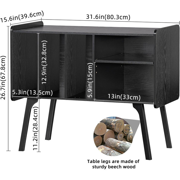 Сумка-органайзер для вінілових платівок LELELINKY: стійка з 4 полицями на 220 платівок, з міцних дерев'яних ніг, Mid-Century дизайн, чорний колір