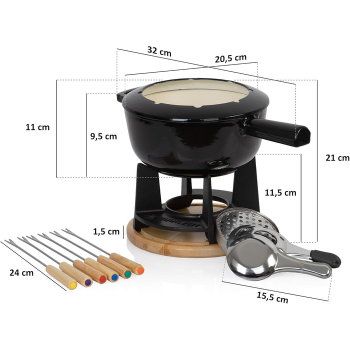 Фондю-сет з чавуну Mahlzeit на 6 осіб, 2 л, 13 предметів з пальником та виделочками | Для сиру, м'яса, шоколаду (чорний емальований)