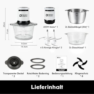 Електричний подрібнювач Zerkleinerer 400W з двома чашами 2л + 2л та двома лезами з нержавіючої сталі для м'яса, овочів, фруктів - білий