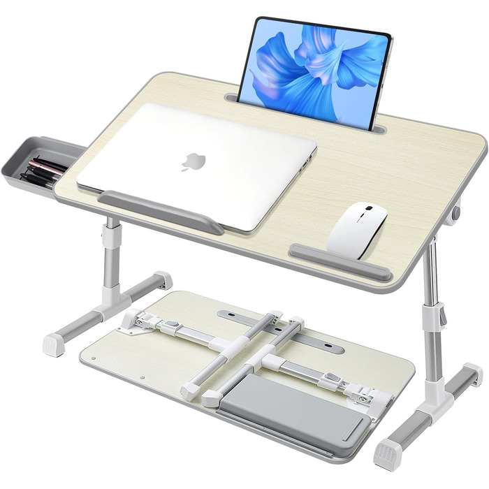 Столик для ноутбука в ліжко, регульований, з ящиком, 60x34 см, бежевий