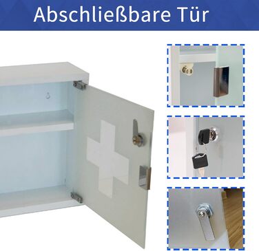 Шкафчик для ліків Style Home з замком, 60x30x12 см, 4 відділення, металевий, з дверцятами зі скла, включаючи 2 ключі (білий)