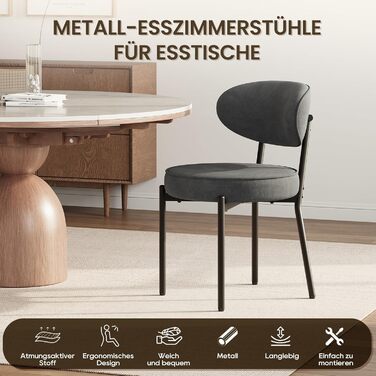 Обідні стільці COLAMY з м'яким сидінням 10 см – Сучасні стільці з плюшевої тканини Teddy, з міцним металевим каркасом – Для кухні та вітальні, Білий (Сірий, 2 шт.)