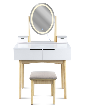 Косметичний столик з LED-дзеркалом, пуфом та 4 шухлядами, скандинавський стиль, білий