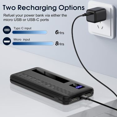 Маленький і сильний, USB C, LED-дисплей, 2 USB, портативний зарядний пристрій, чорний, 10000mAh