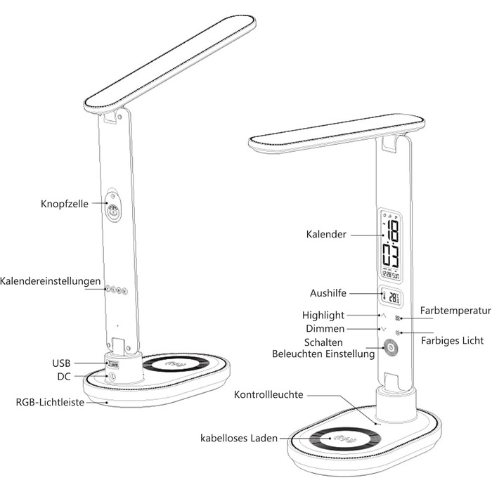 Світлодіодна настільна лампа CCHKFEI з годинником, з можливістю затемнення, бездротовий зарядний пристрій 10 Вт, USB, 3 колірні режими, сенсорний, RGB