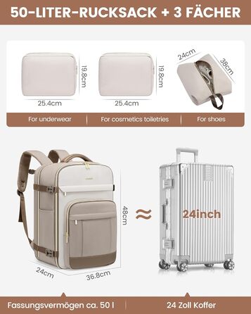 LOVEVOOK Рюкзак для ручної поклажі, 40L, великий рюкзак для жінок, водонепроникний, для ноутбука 17 дюймів, рюкзак-валіза для подорожей, роботи, бізнесу, вихідних, оливковий, світло-зелений, бежевий, оливковий (Хакі, бежевий, пісочно-коричневий)