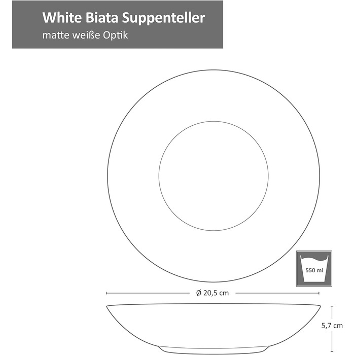 Супова тарілка I Посуд матовий білий на 6 осіб - Позачасовий елегантний дизайн I Набір з 6 глибоких тарілок - в сучасному матовому вигляді I Тарілка глибока 550 мл 6 шт., 6 шт.
