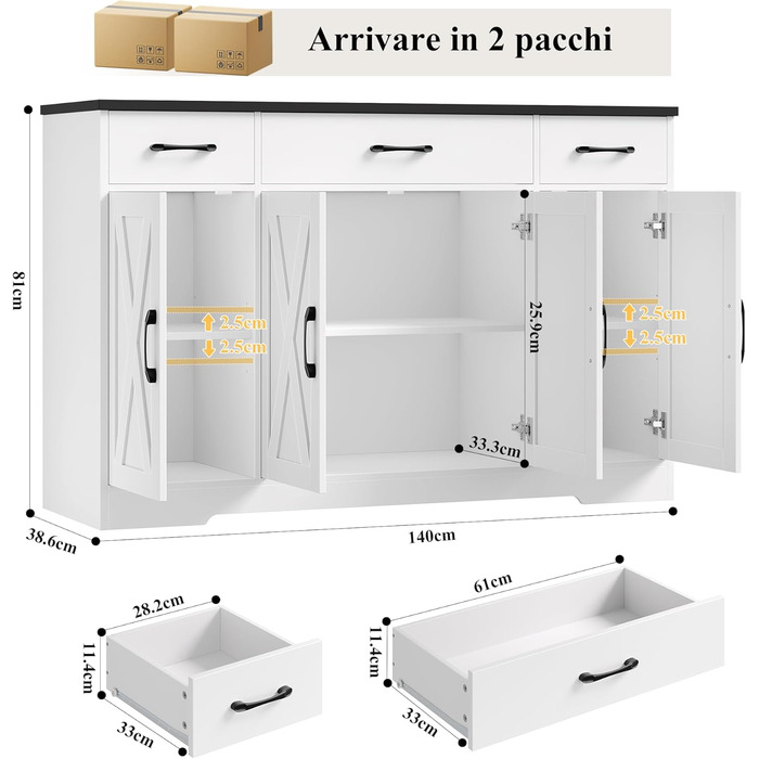 Сервант HOCSOK 140 см: кухонний буфет з 3 висувними ящиками, 4 дверцятами та 2 регульованими полицями, білий та коричневий