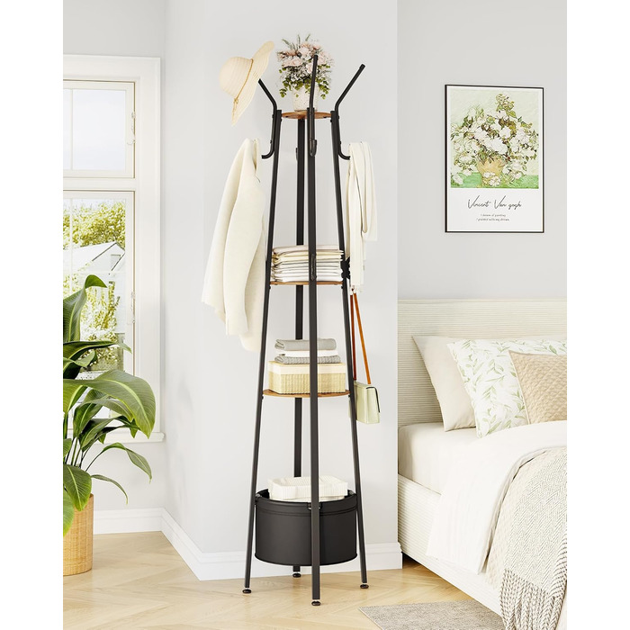 Вішалка для одягу Hzuaneri з великим кошиком для зберігання, 3 полиці, 16 гачків, 182,5 см, коричнево-чорна CR27301B