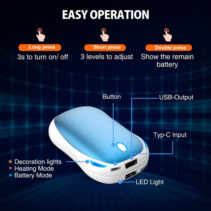 Електричний грієчка для рук 5000mAh, 2 шт. - багаторазовий кишеньковий грієчка для активного відпочинку, зимовий подарунок для дітей, жінок та чоловіків (блакитний)