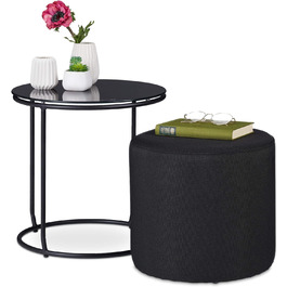 Журнальний столик Relaxdays з табуретом, круглий журнальний столик з пуфиком, компактний, скло та метал, 40 x 40 см, чорний