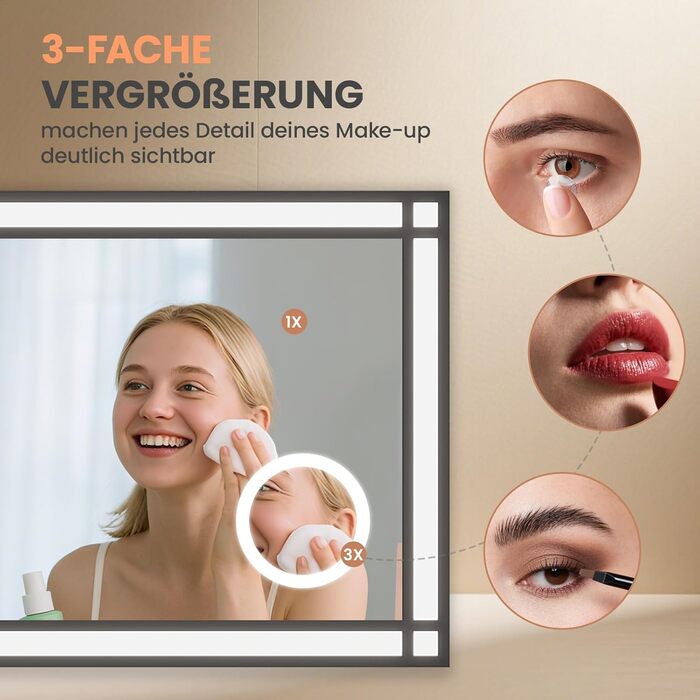 Дзеркало для ванної кімнати AQUABATOS LED з підсвічуванням 50x70 см, імітація вікна, сенсорне регулювання, протитуманне покриття, чорний алюмінієвий каркас, індустріальний стиль, холодний білий світлодіодний дзеркало