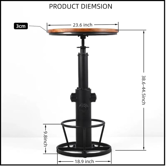 Столик барний вінтажний в індустріальному стилі для бару або бістро, дизайн як пожежний гідрант, на 2-3 особи, регульована висота 98-112,8 см (Чорний)