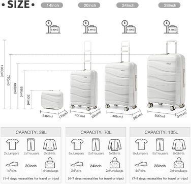 Валіза-тележка KONO: легка та міцна валіза з TSA замком та 4 колесами (білий)