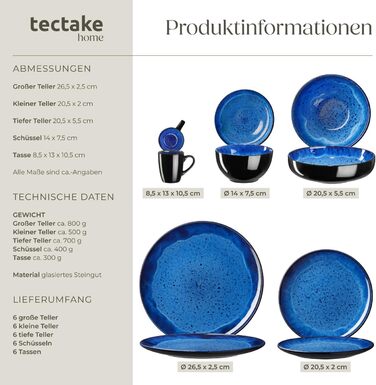 Набір посуду Tectake 30 предметів для 6 осіб, керамічний, блакитний (Nautic Blue)