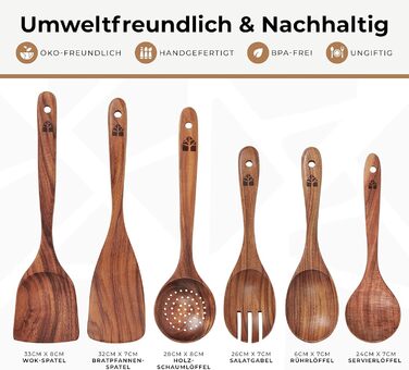 Дерев'яні лопатки для кухні - набір з 6 шт. з текового дерева (лопатки та лопатка для смаження) - натуральні, для антипригарного посуду, стійкі до високих температур