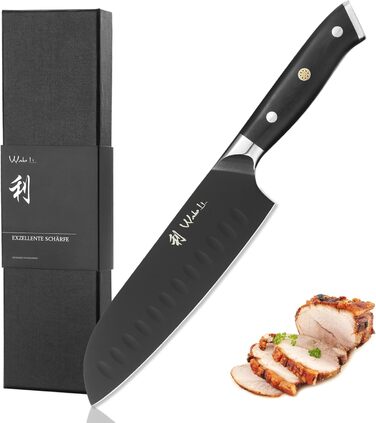 Набір кухонних ножів Wakoli Titanium Noir (5 предметів) з бруском - професійний набір ножів з титанового покриття, нержавіюча сталь, чорний, магнітний бруск, включає ніж Сантоку