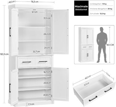 Шафа для зберігання Yaheetech 183,5 см, кухонна шафа з регульованими полицями та 2 шухлядами, багатоцільова шафа для дому, буфет для їдальні, велика, біла