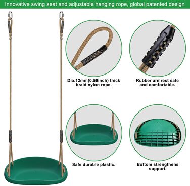 Шоукель для дітей BeneLabel: ідеально для дому та саду. Міцний гумовий сидіння, регульоване мотузка 130-200см, 113кг. Набір 2 шт. Зелений колір.