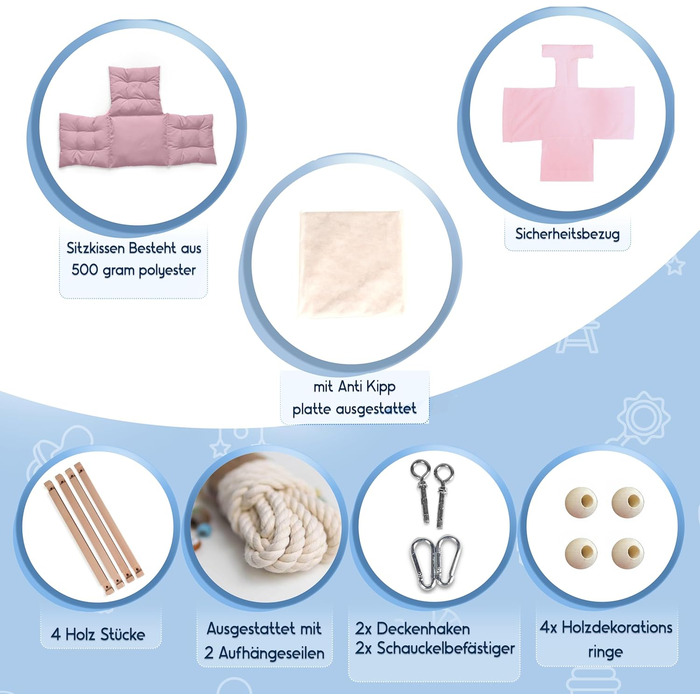 Дитяча гойдалка для дому та саду з бука, рожева. Максимальне навантаження 25 кг. Комплект кріплення