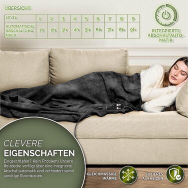 Електрична гріюча ковдра з плюшем | Автоматичне вимкнення | Тепла ковдра з таймером | 9 температурних режимів | Можна прати до 40°C | Цифровий дисплей (200 x 180 см, Чорний)