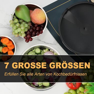 Набір місок для перемішування Hunnycook, 7 шт., нержавіюча сталь, з кришкою, для салатів, миття в посудомийній машині, 5L, 4.5L, 4L, 2.4L, 1.7L, 1.25L, 0.8L, сріблястий