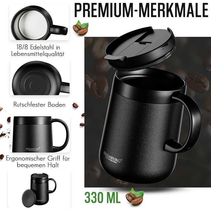 Термокружка з ручкою, подвійні стінки, вакуумна ізоляція, нержавіюча сталь 18/8, 2 кришки, неслизьке дно, 440мл (330мл), для офісу та робочого місця