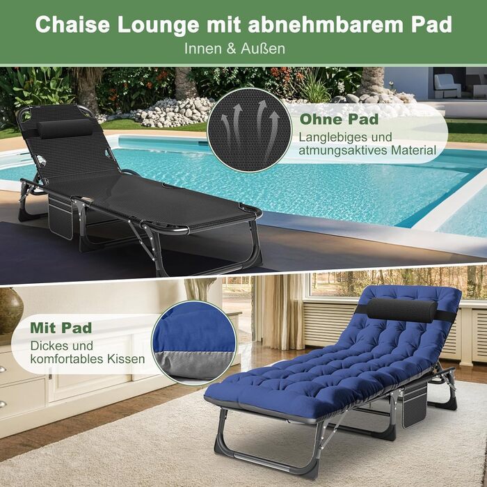Складне ліжко-шезлонг – 200 кг, з матрацом, кишенями, регульованою спинкою та підголівником – для офісу, тераси, саду, кемпінгу та відпочинку на сонці (Блакитний Літтер)